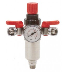 Riduttore di pressione con filtro, manometro d.40 a 2 rubinetti in linea. Pressione massima 12 BAR.