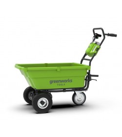 La carriola da giardino semovente di Greenworks a tre ruote è comoda ed utile per il trasporto durante i lavori pesanti per il 