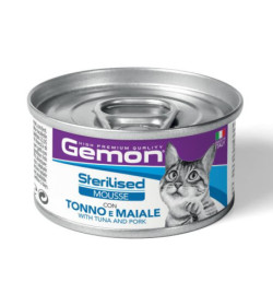 Gemon Sterilised Mousse con Tonno e Maiale è un alimento completo per gatti adulti sterilizzati, formulato per fornire tutti i 