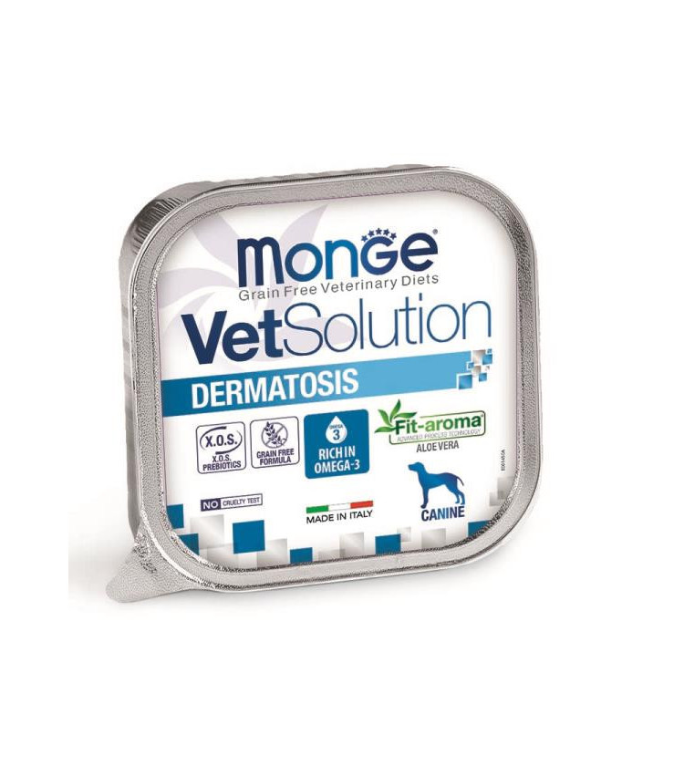 Monge VetSolution Dermatosis Canine è un alimento dietetico completo per cani formulato per il supporto della funzione dermica 