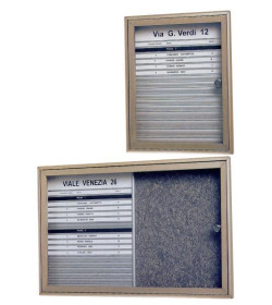 Bacheca portanomi realizzata in profilo speciale d'alluminio anodizzato, con porta battente in plexiglas trasparente, da mm.3 di